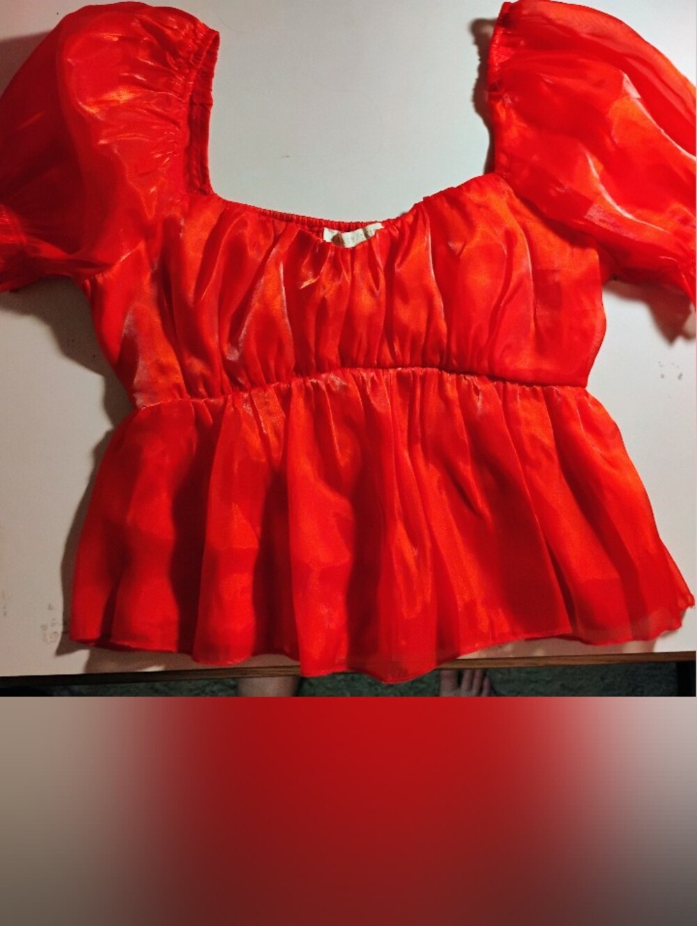 Red Puff-Sleeve Peplum Blouse - Women's Top